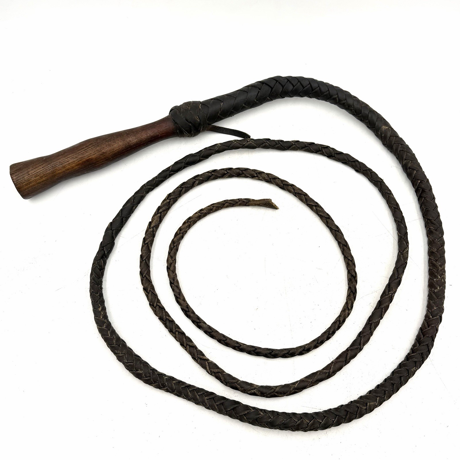 Vintage Braided Bullwhip Leather 116” Overall Length 7” Wooden Handle