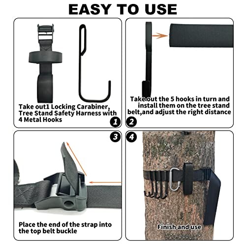 Bow Hanger Tree Strap with 1 Carabiner and 4 Metal Hooks，Adjustable Tree Strap