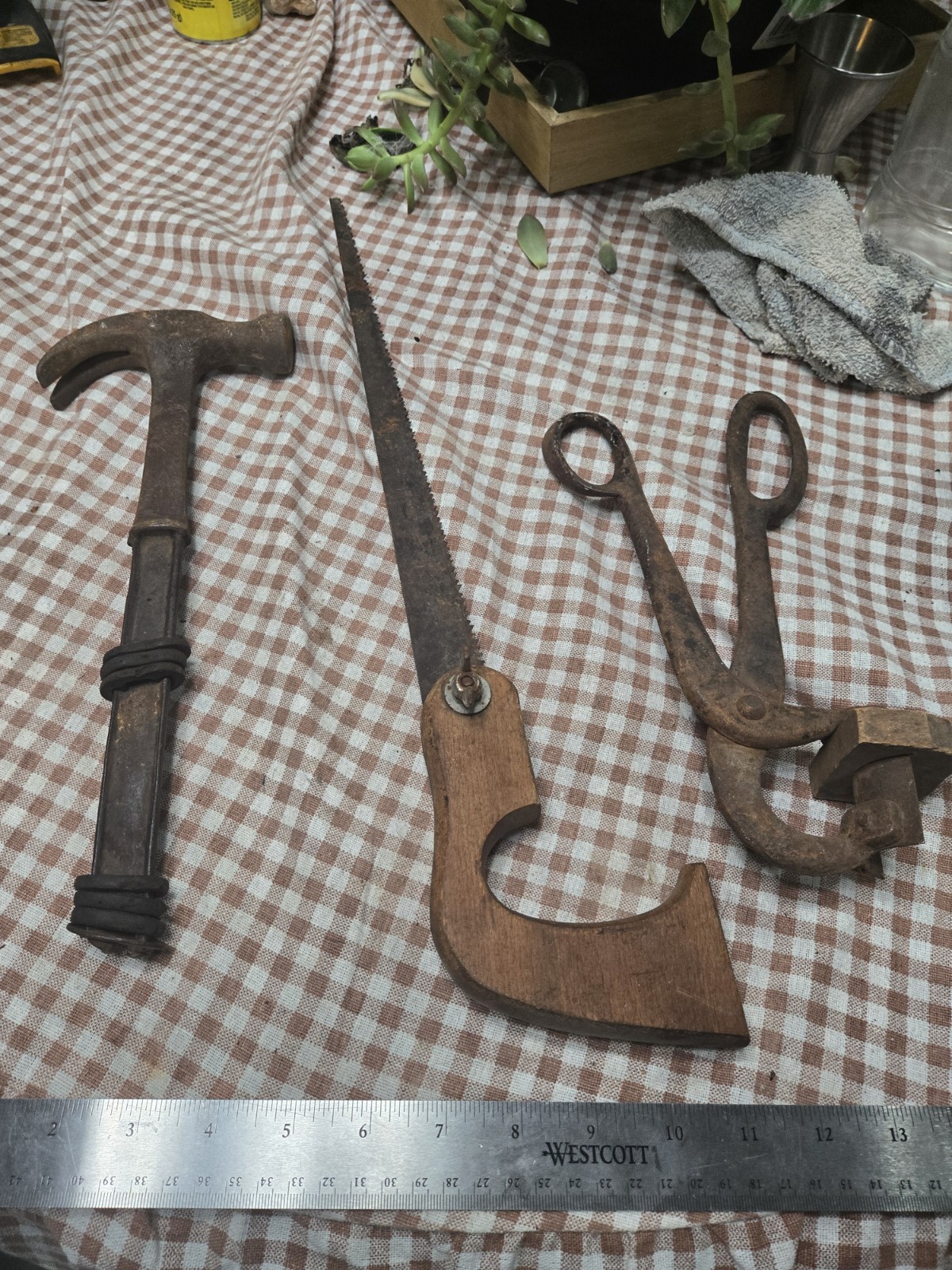 Vintage Antique Tool Lot - Unique Crate Hammer, Pistol Grip Saw, Rare Iron Press