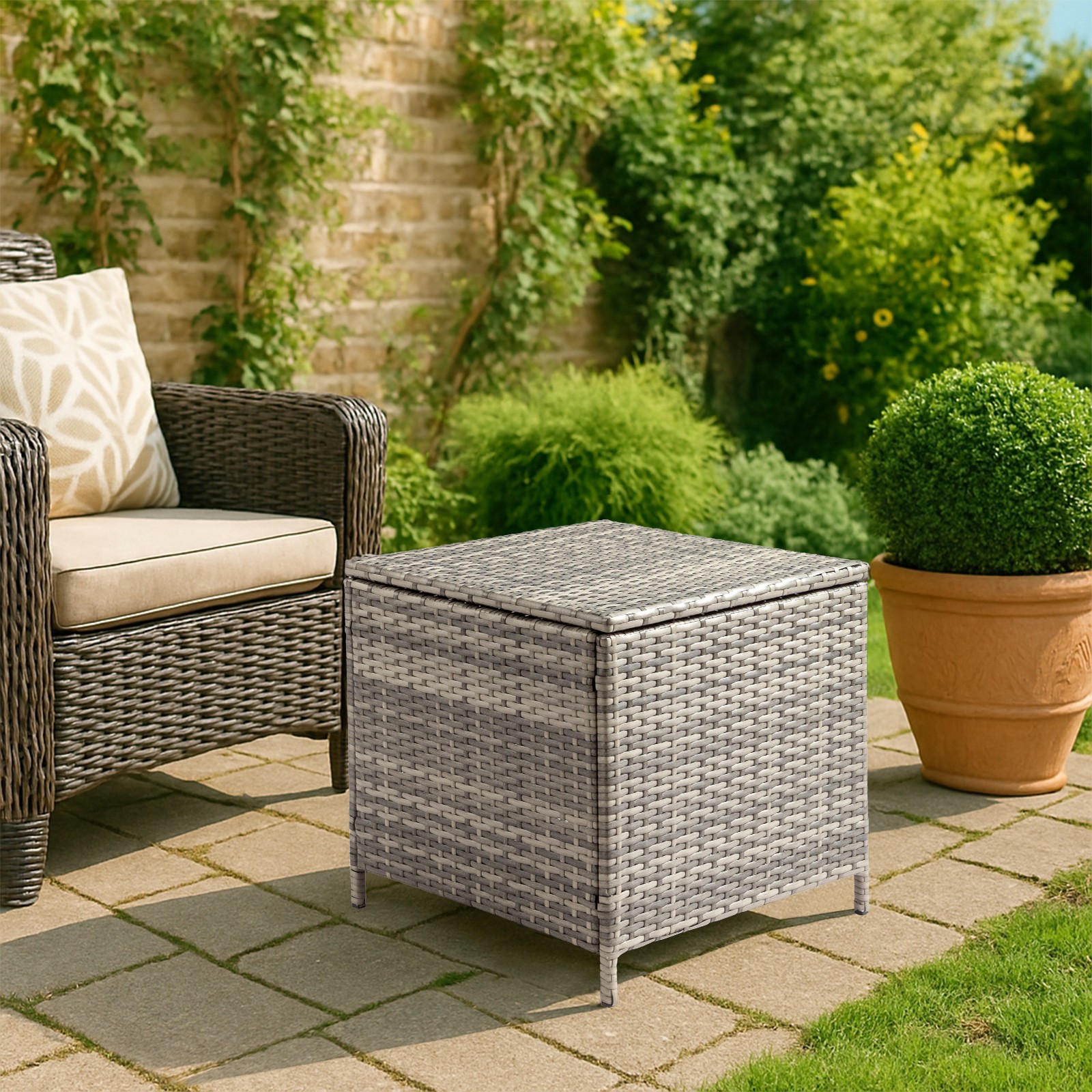Outdoor PE Wicker Side Table with Storage, Patio Rattan End Table Square, Grey