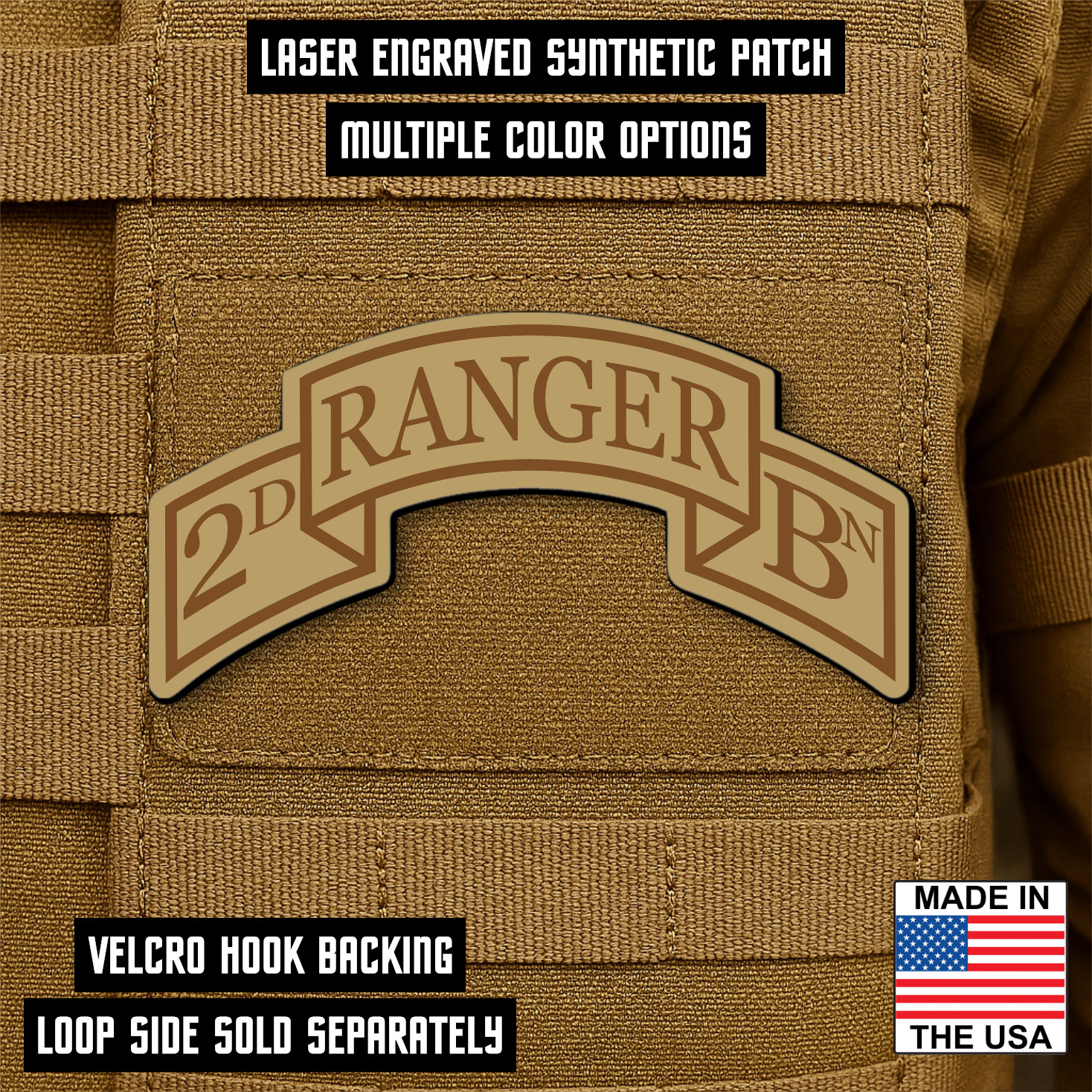 2nd Ranger, 75th Regiment Scroll Engraved Tactical Patch, 3" x 1.5" Hook & Loop