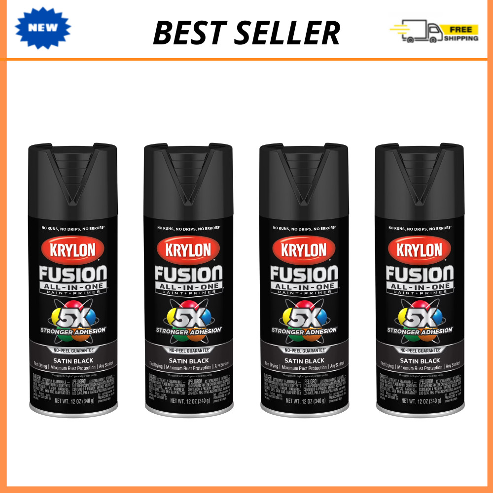4PK Krylon Fusion All-In-One Satin Black Spray Paint Primer 12 oz, Multi-Surface