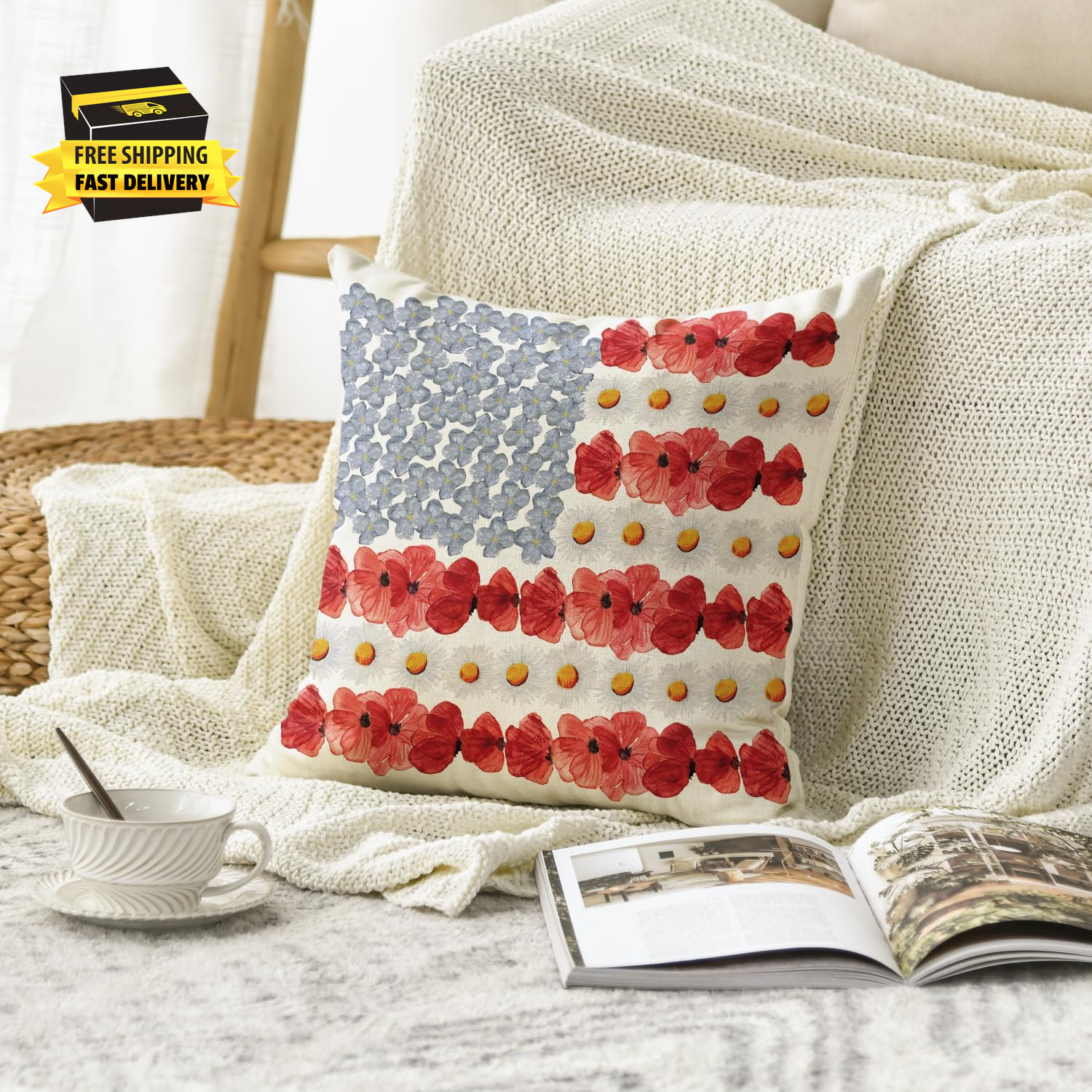4Th of July Patriotic Independence Poppy Floral Throw Pillow Cover, 18 X 18 Inch