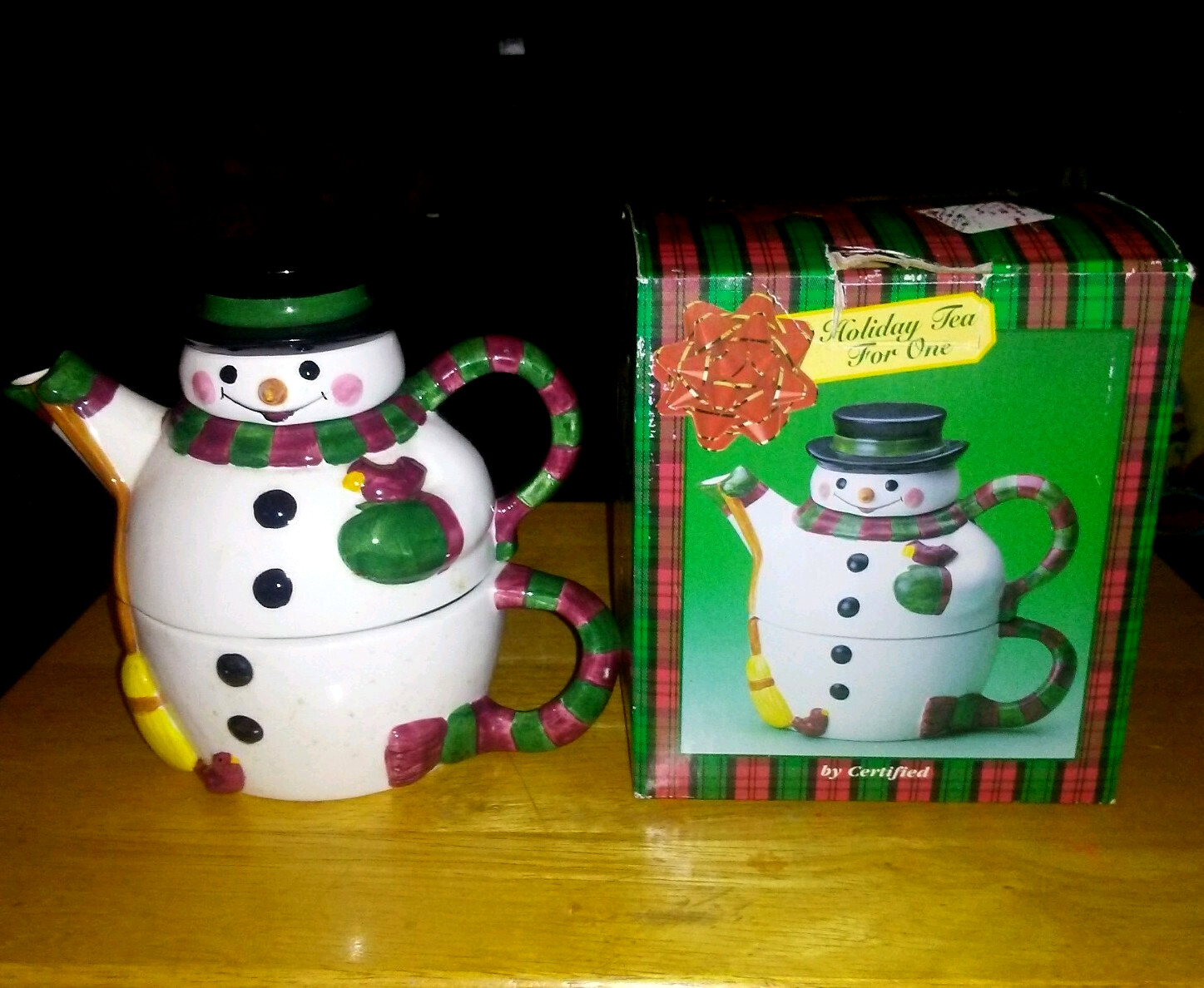 Holiday Tea For One SNOWMAN TEAPOT/CUP Doubles As Sugar/Creamer in Box Ceramic