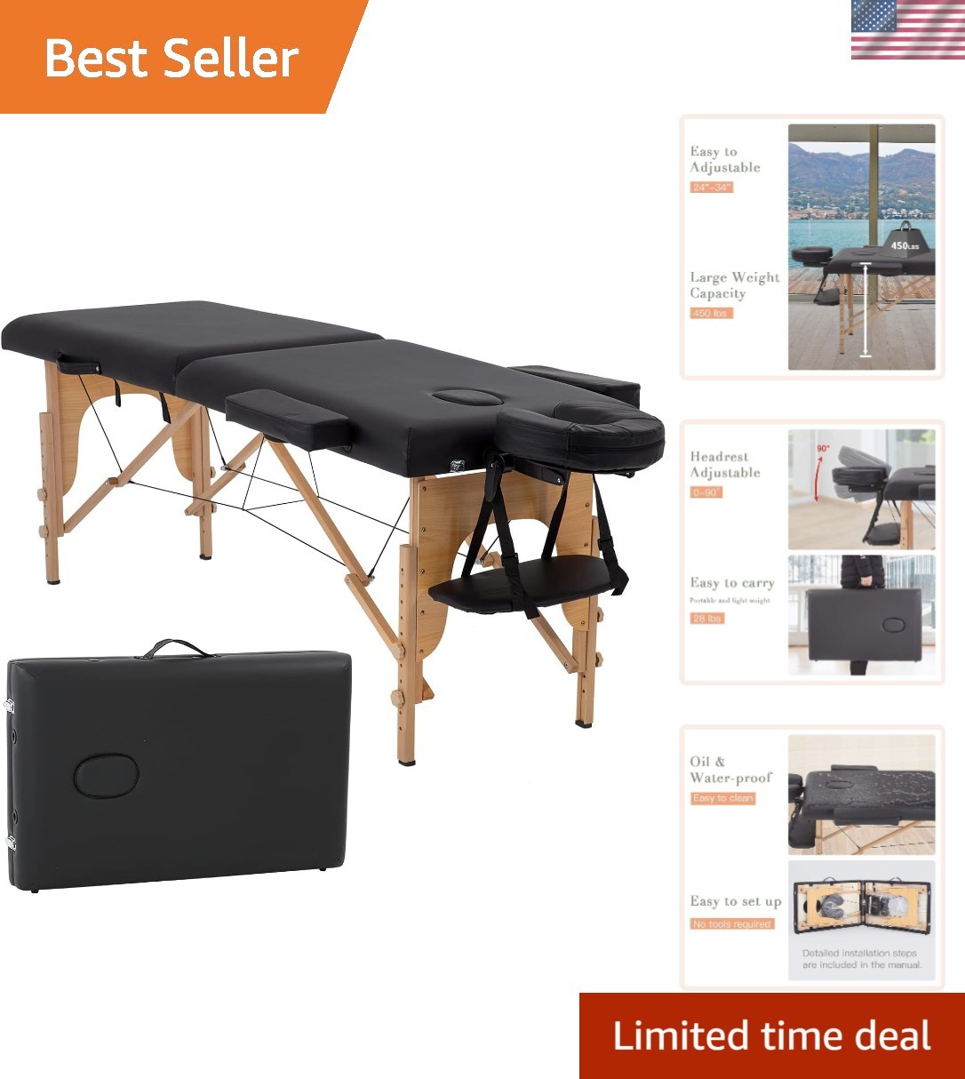 Professional Spa Table with PVC Leather - 450 lbs Capacity & Carry Case