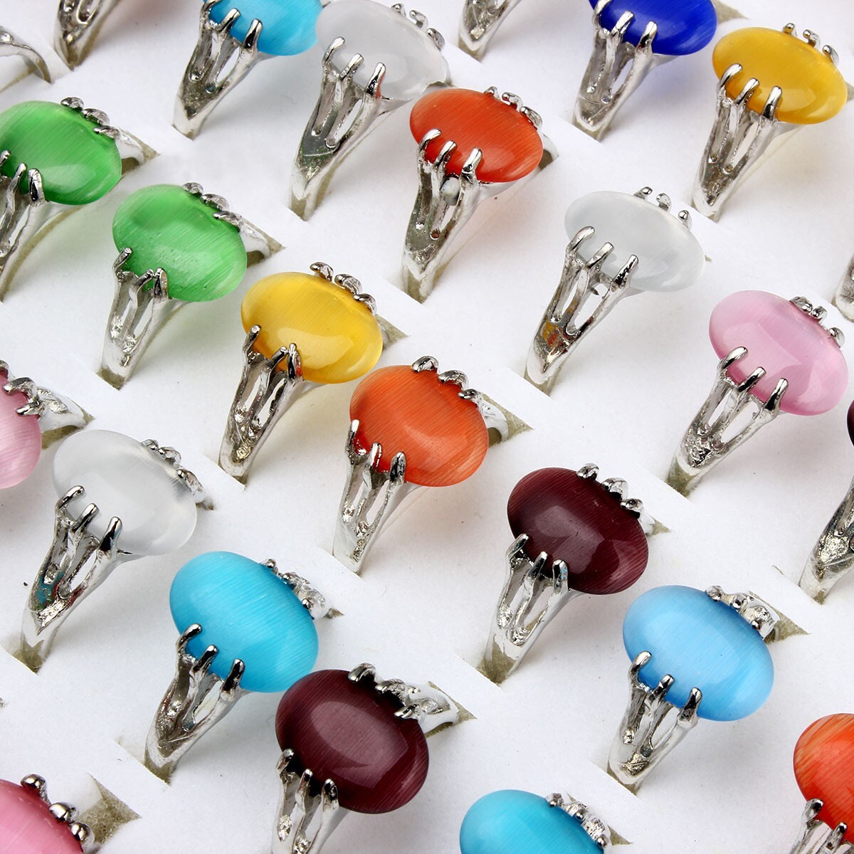 Wholesale 10Pcs Silver Plated Rings Cat Eye Stone Wedding Ring Jewelry Men Women