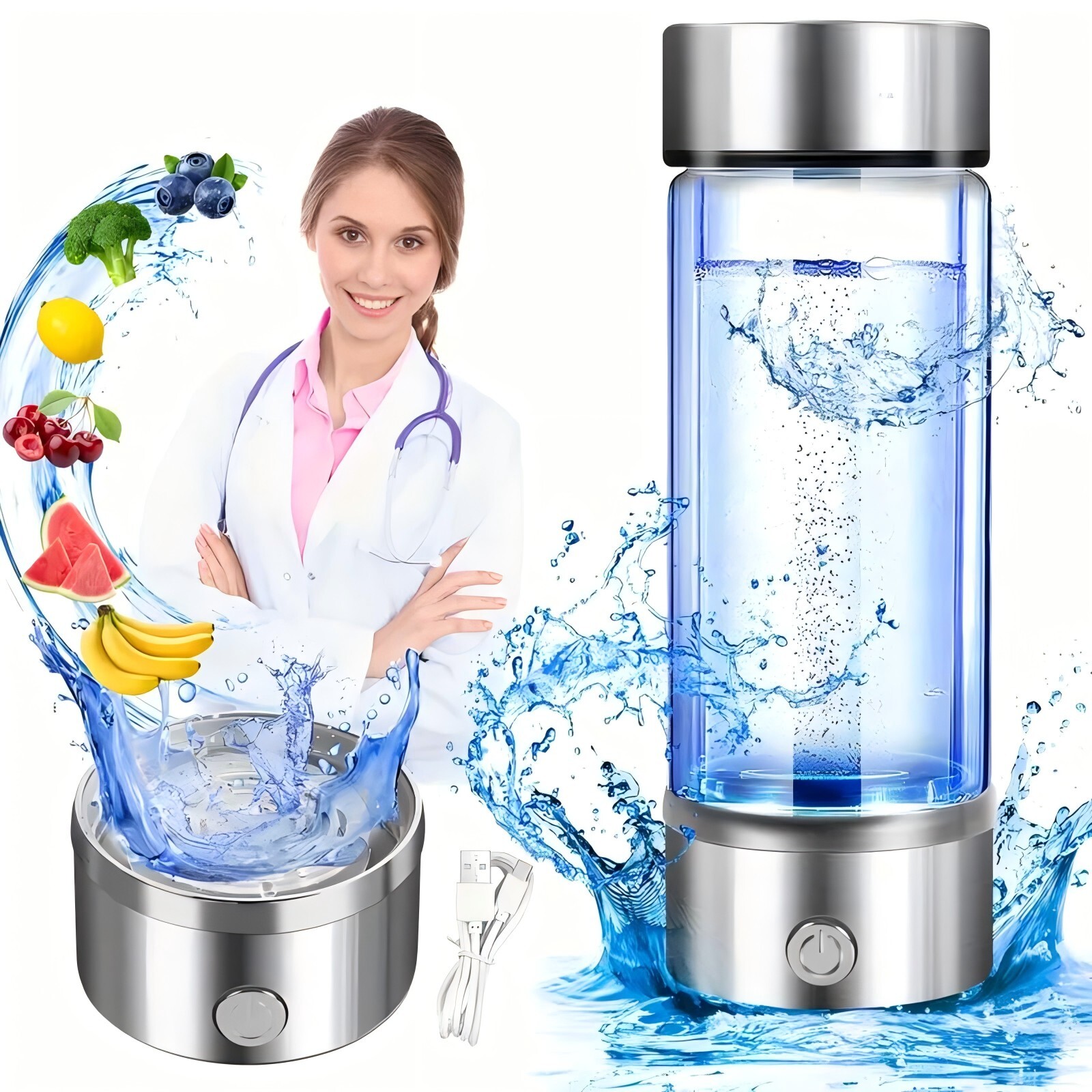 Hydrogen Water Bottle, 14 Oz/420ml, 3-Min Electrolysis With SPE Technology