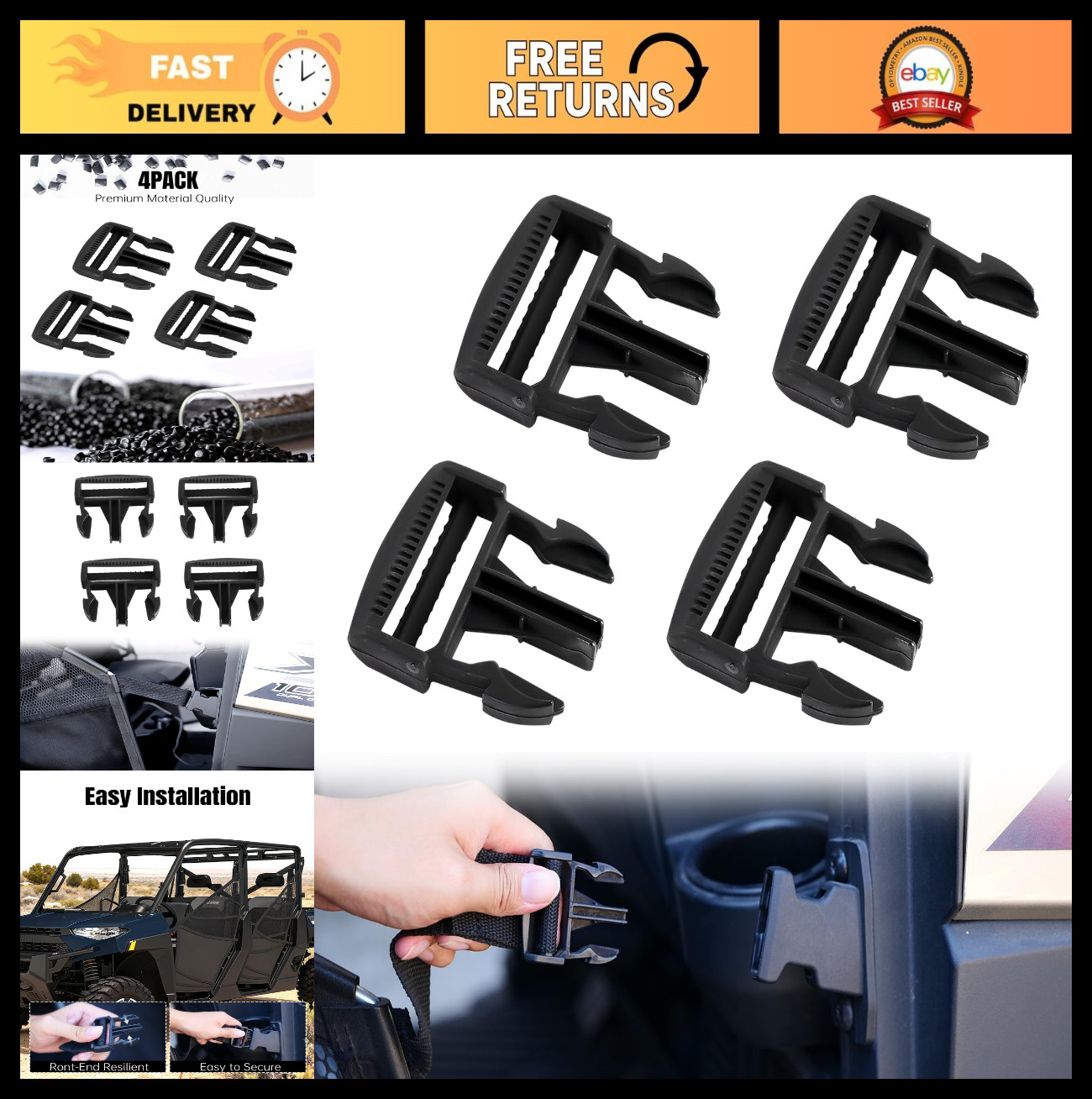 4PCS Black Plastic Door Net Buckle Clips for Polaris Ranger 1000 XP 900 Crew 570