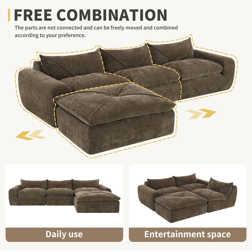 Brown Chenille 4-Seater Sectional Sofa w/Ottoman - No Assembly