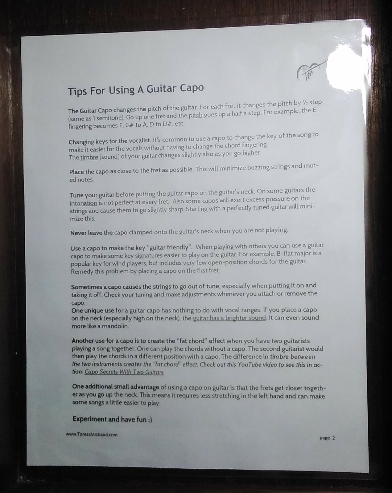 Guitar Capo Chart & Tips for using a Guitar Capo  Double Sided ~ 5 mil Laminated