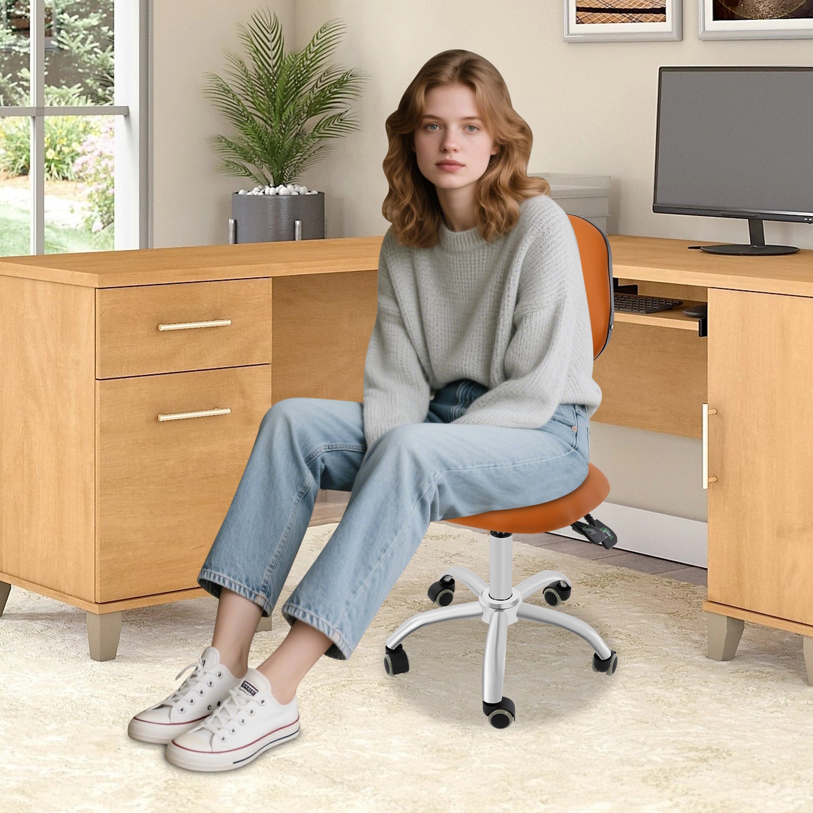 Adjustable Saddle Swivel Chair Ergonomic Rolling Stool w/ Backrest for Office