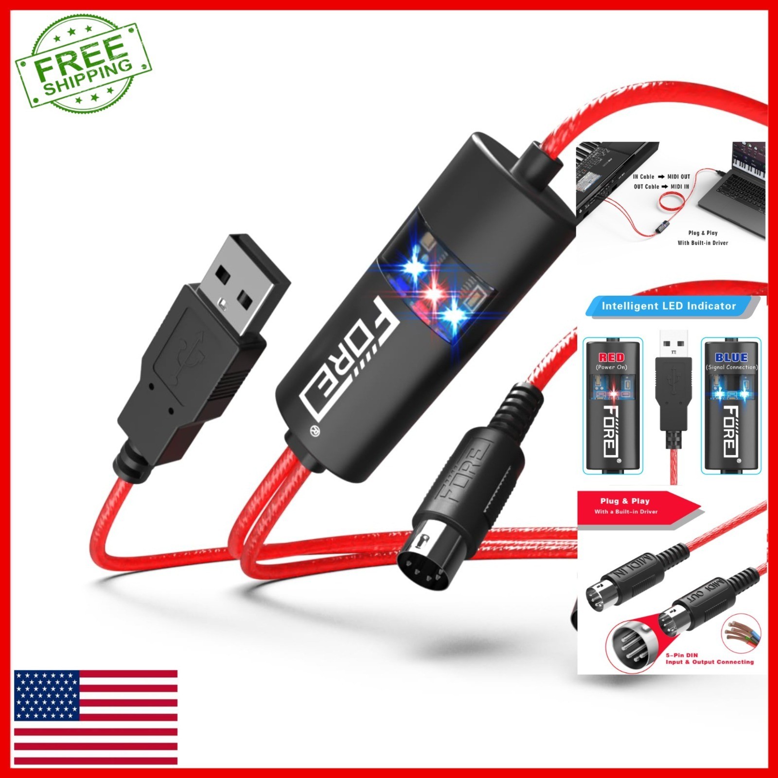 FORE MIDI to USB Interface for Keyboard & Synthesizer - 6.5ft Cable