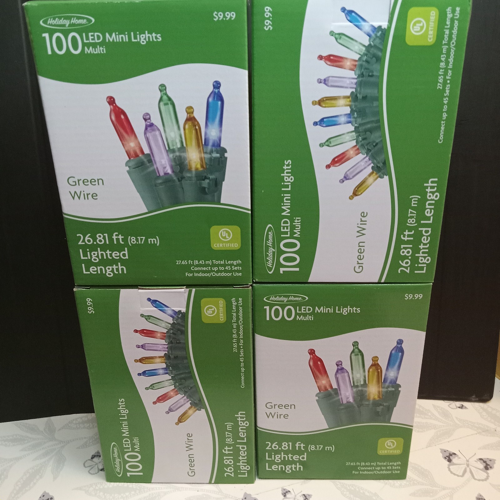 Lot of 4 Holiday Home 26.81ft lighted length LED mini lights, green wire, multi