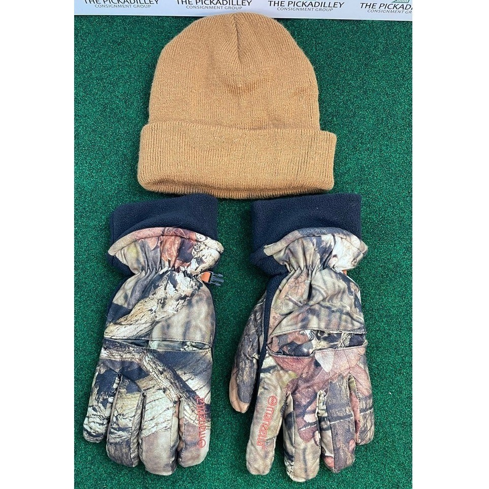 Manzella Camo Insulated Hunting Gloves L/XL and Tan Knit Cuffed Beanie Set