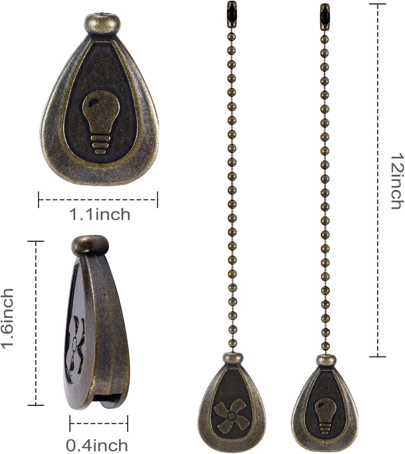 4 Pack Bronzed Ceiling Fan Pull Chain Extension, 12 Inches Classic Drop Shaped