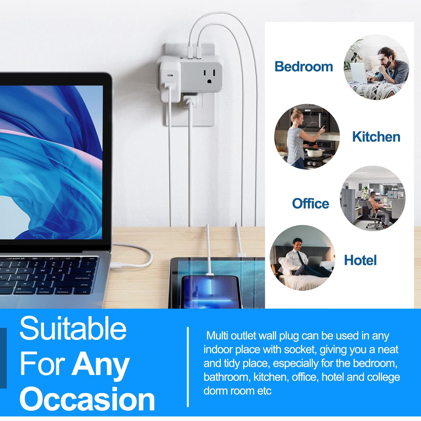 Multiple Plug Outlet Splitter With 3 USB Wall Charger 2 Electrical Outlets