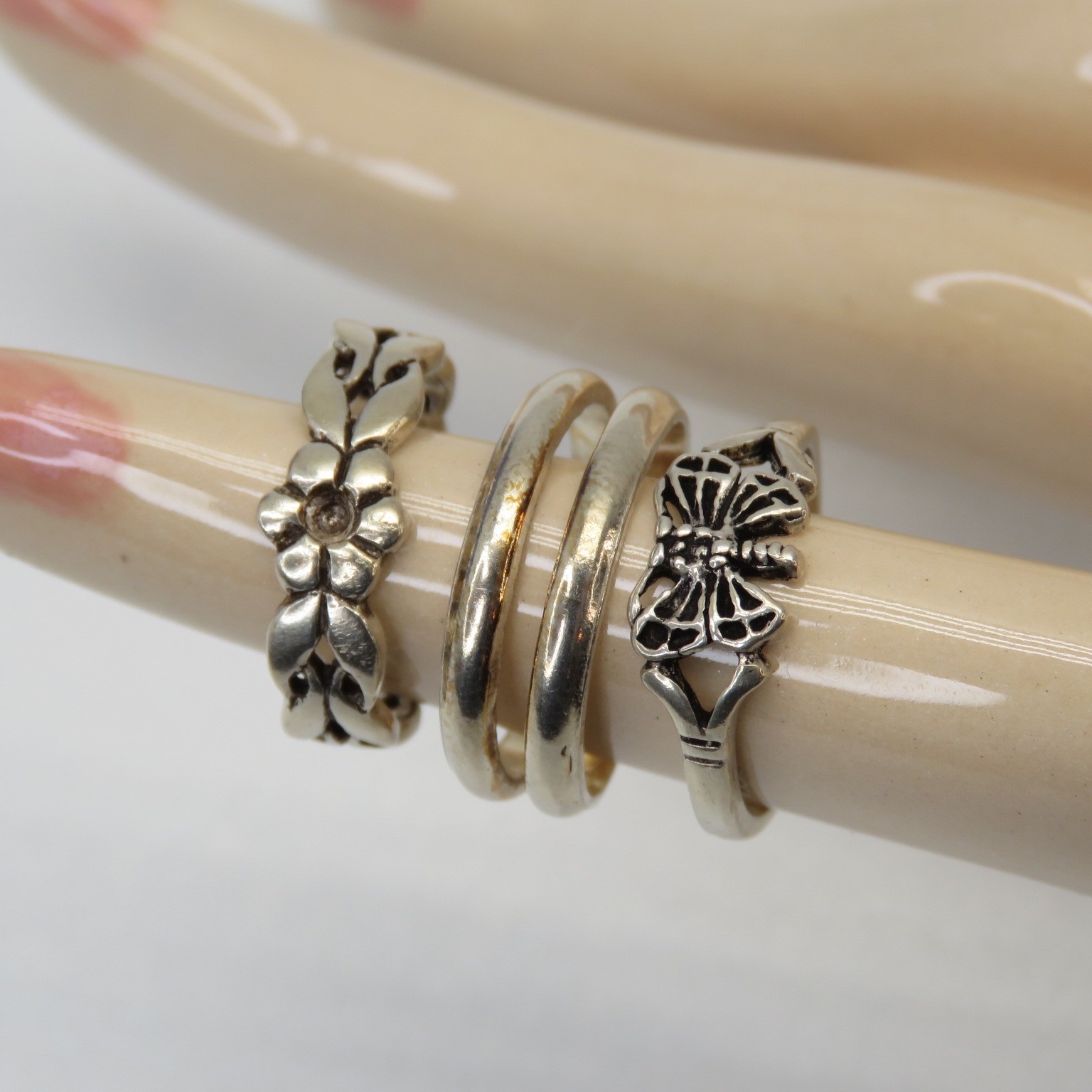 Three Toe Rings Butterfly Flower Split Band 925 Silver Sz 2-3.75 Adjustable