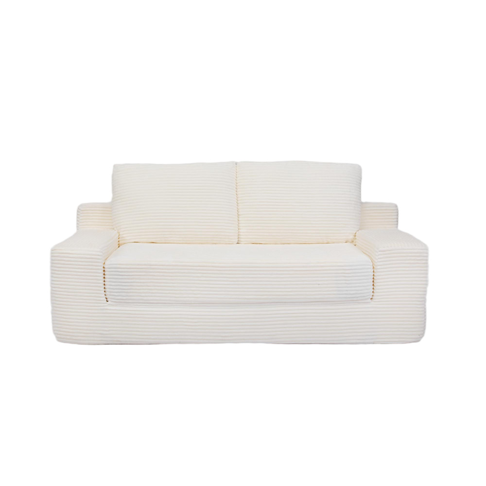 Modern Loveseat Sofa Bed w/Reversible Cushion & Pillows, White Corduroy
