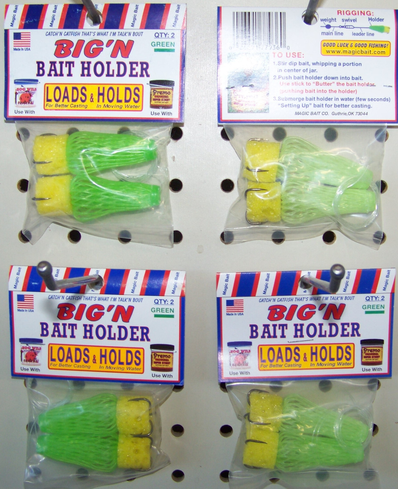 4 Packs of 2 Magic Bait Hog Wild Green Big'N Big N Dip Bait Holder Catfish Hooks