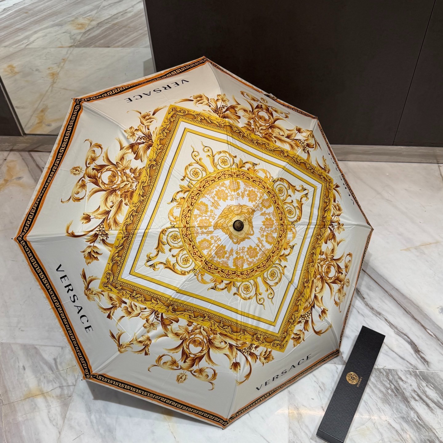 Versace gold square flower Pattern Umbrella Automatic 3-Fold Sun Rain Parasol