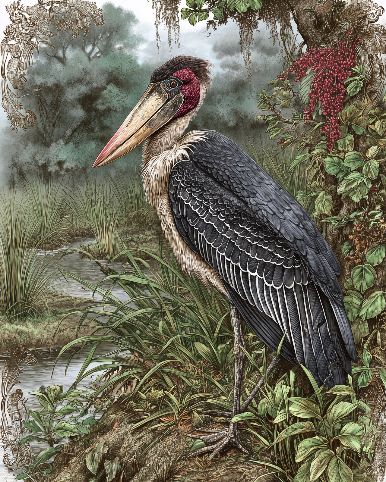8x10 Marabou Stork Standing Water Illustration - 569114110