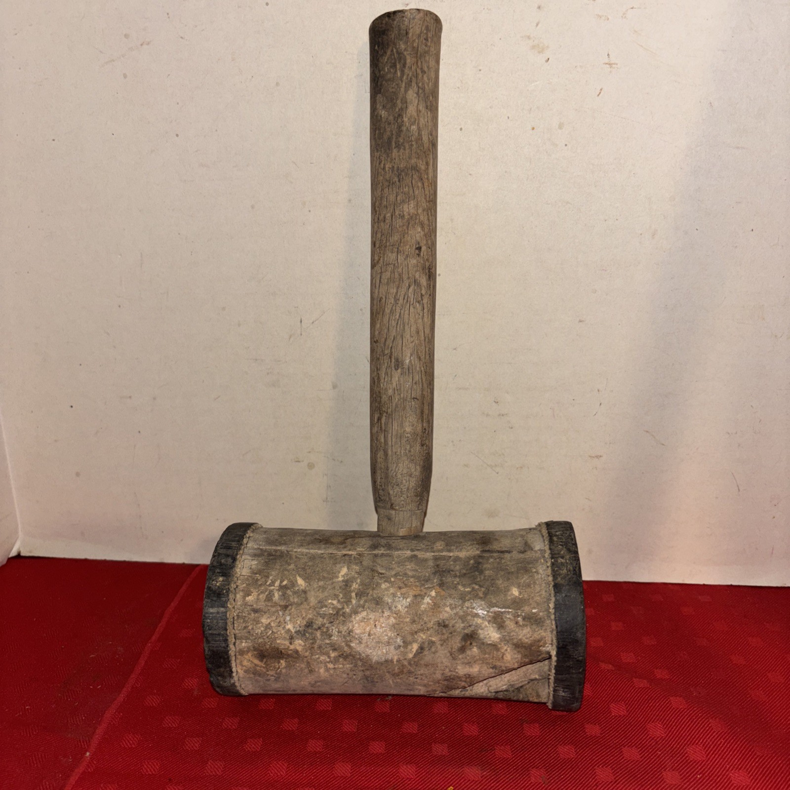 Primitive Wooden Mallet Hammer With Cracks- Leather? VINTAGE Estate Find