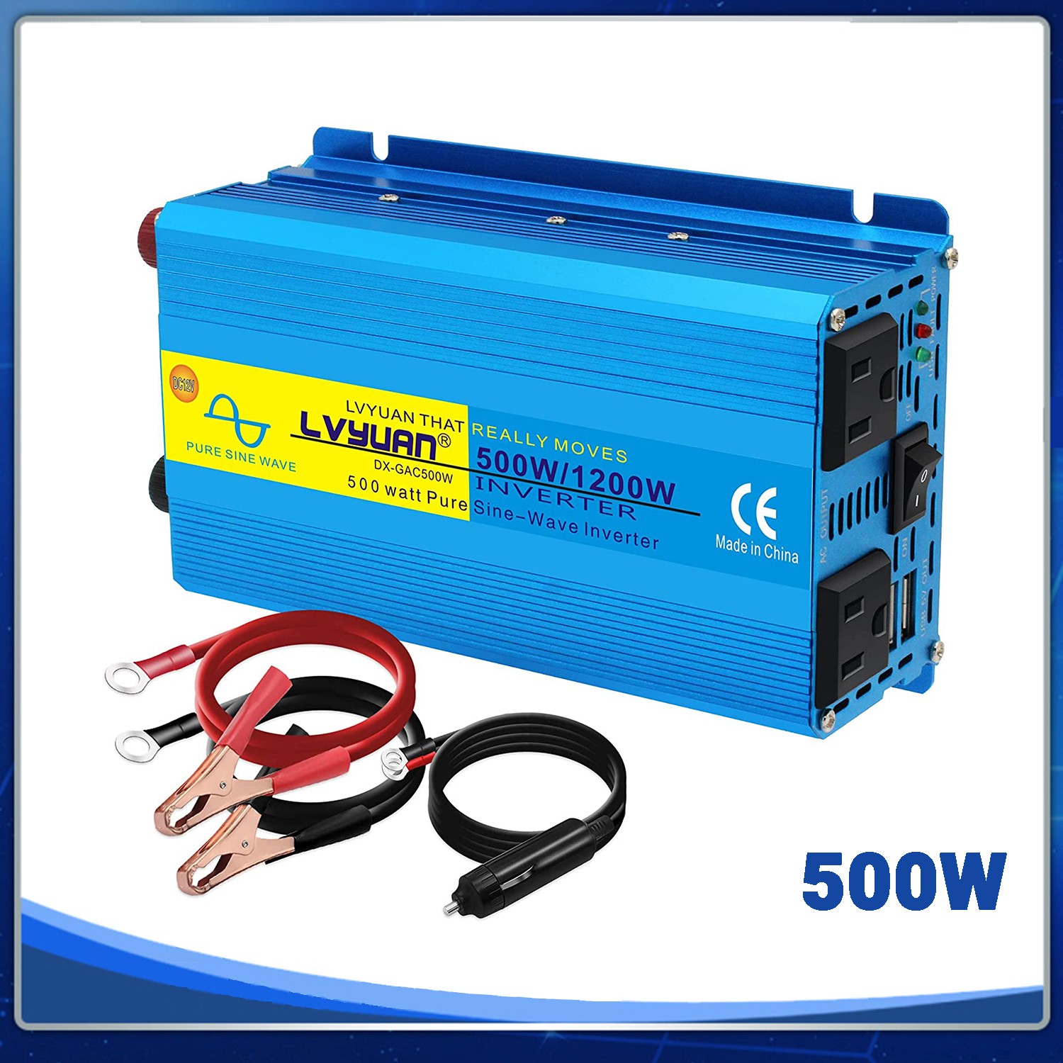 500W Pure Sine Wave Power Inverter DC 12V to AC 110V 120V Car Converter 2USB 2AC