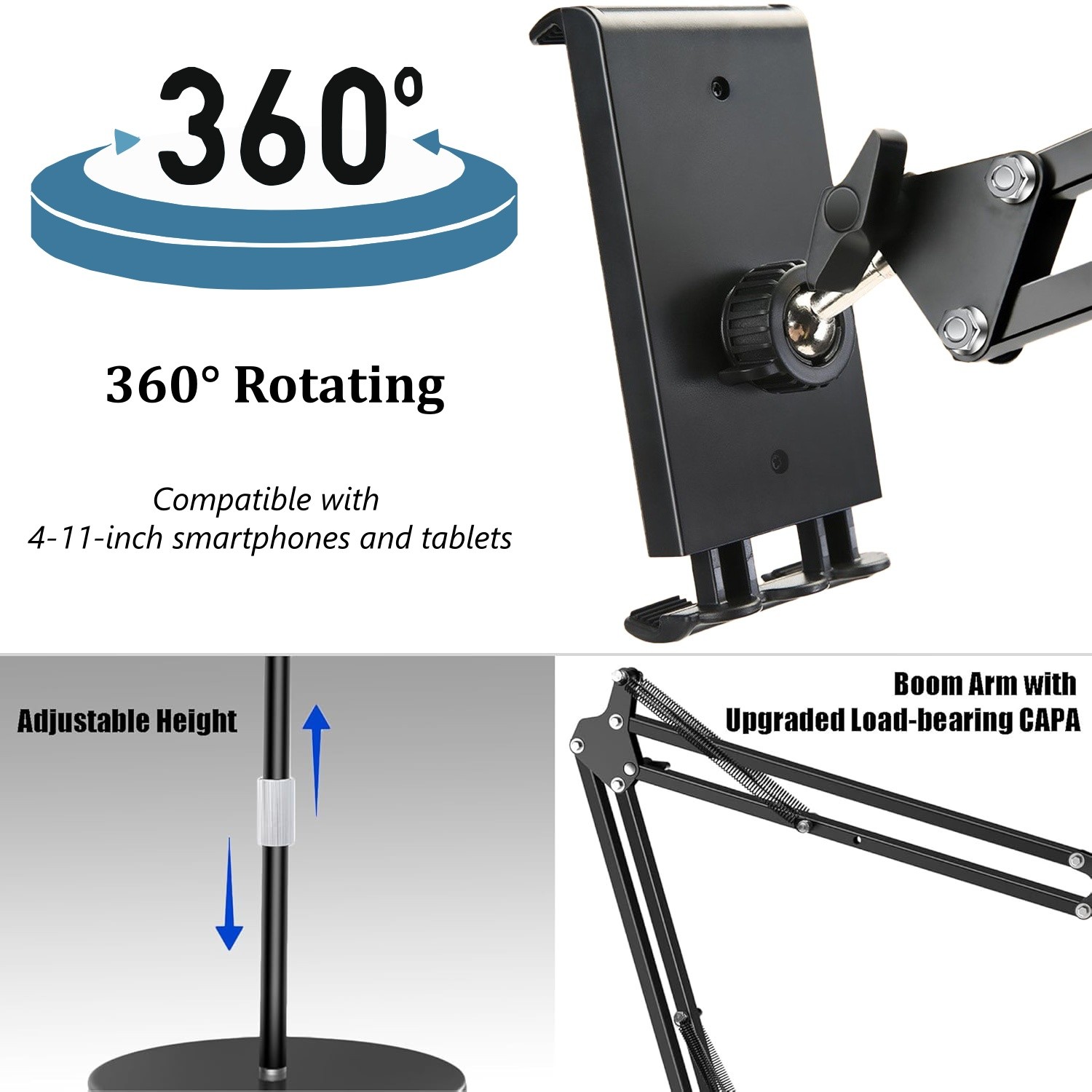 69'' Tablet Floor Stand Overhead Bed Phone Stand Angle Height Adjustable Holder
