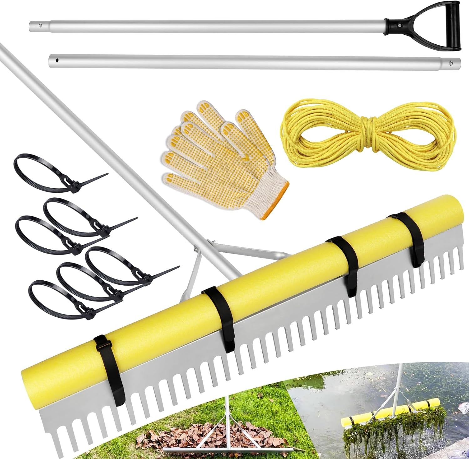 Pond Rake, 36" Aquatic Lake Weed Rake with 8.5' (102'') Adjustable Extension Pol