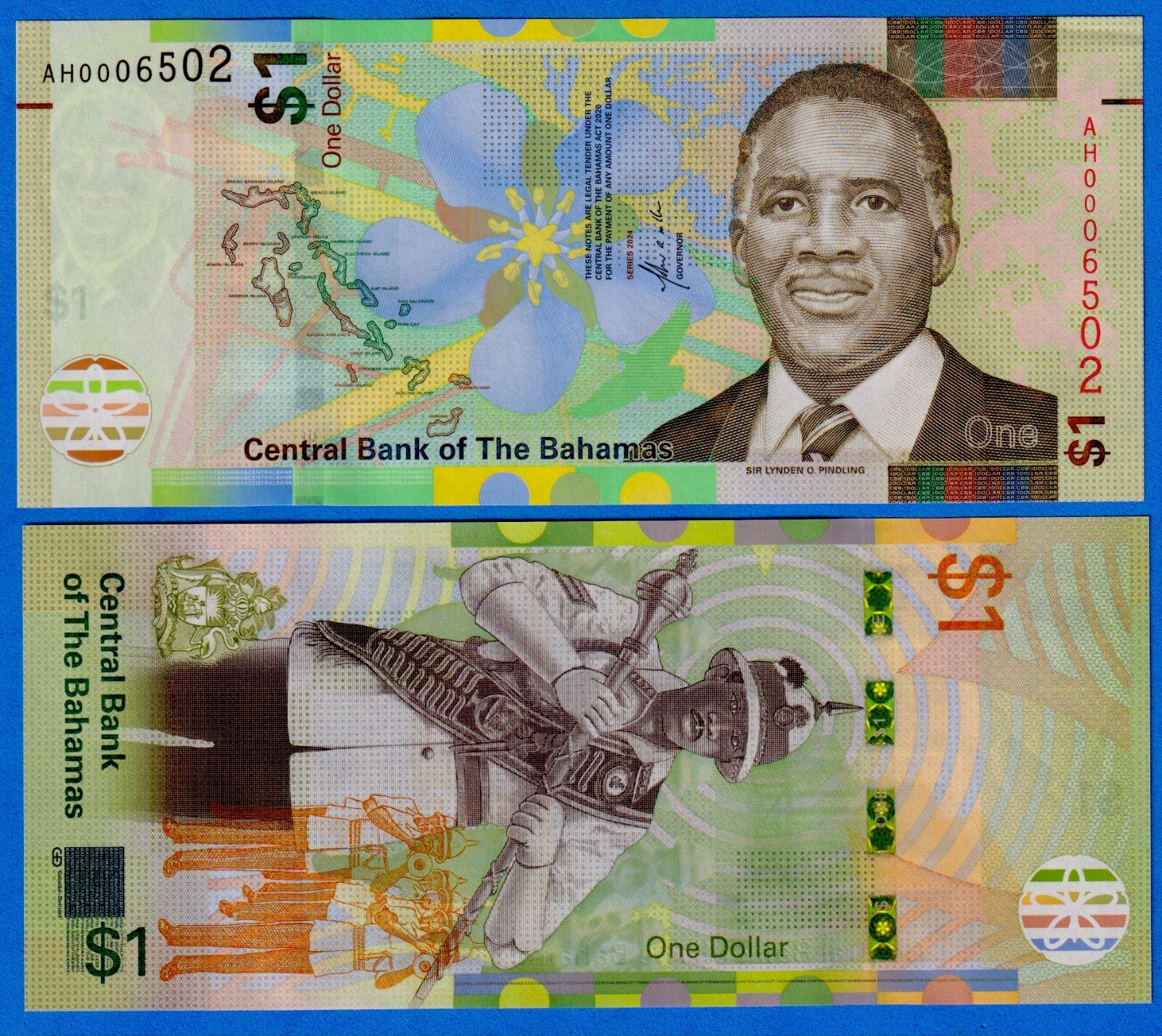 2024 (2025) Bahamas 1 Dollar Banknote P77 UNC New Enhanced Colors - Low Serial