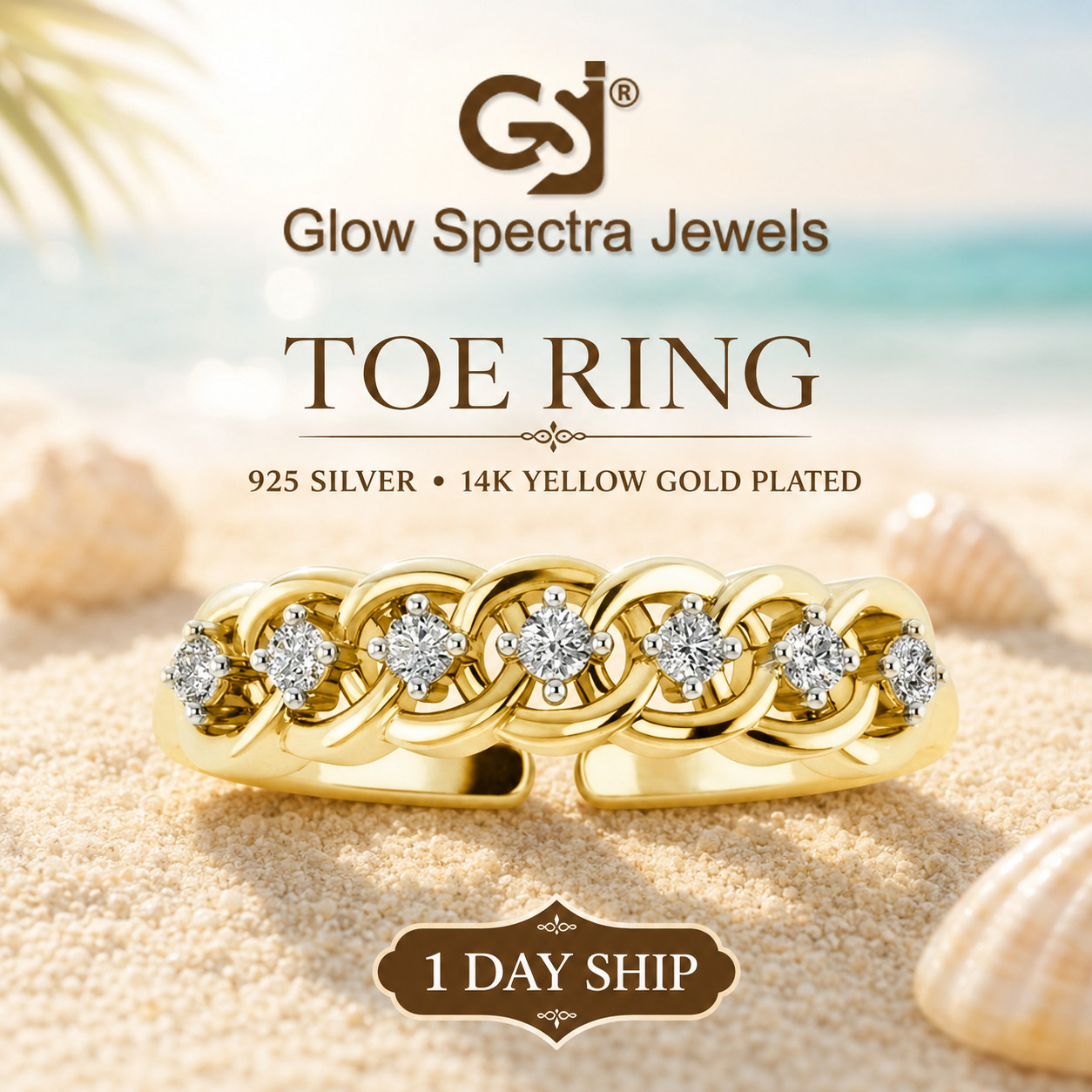 0.15ct Moissanite Adjustable Women's  Toe Ring 14k Yellow Gold Plated 925 silver