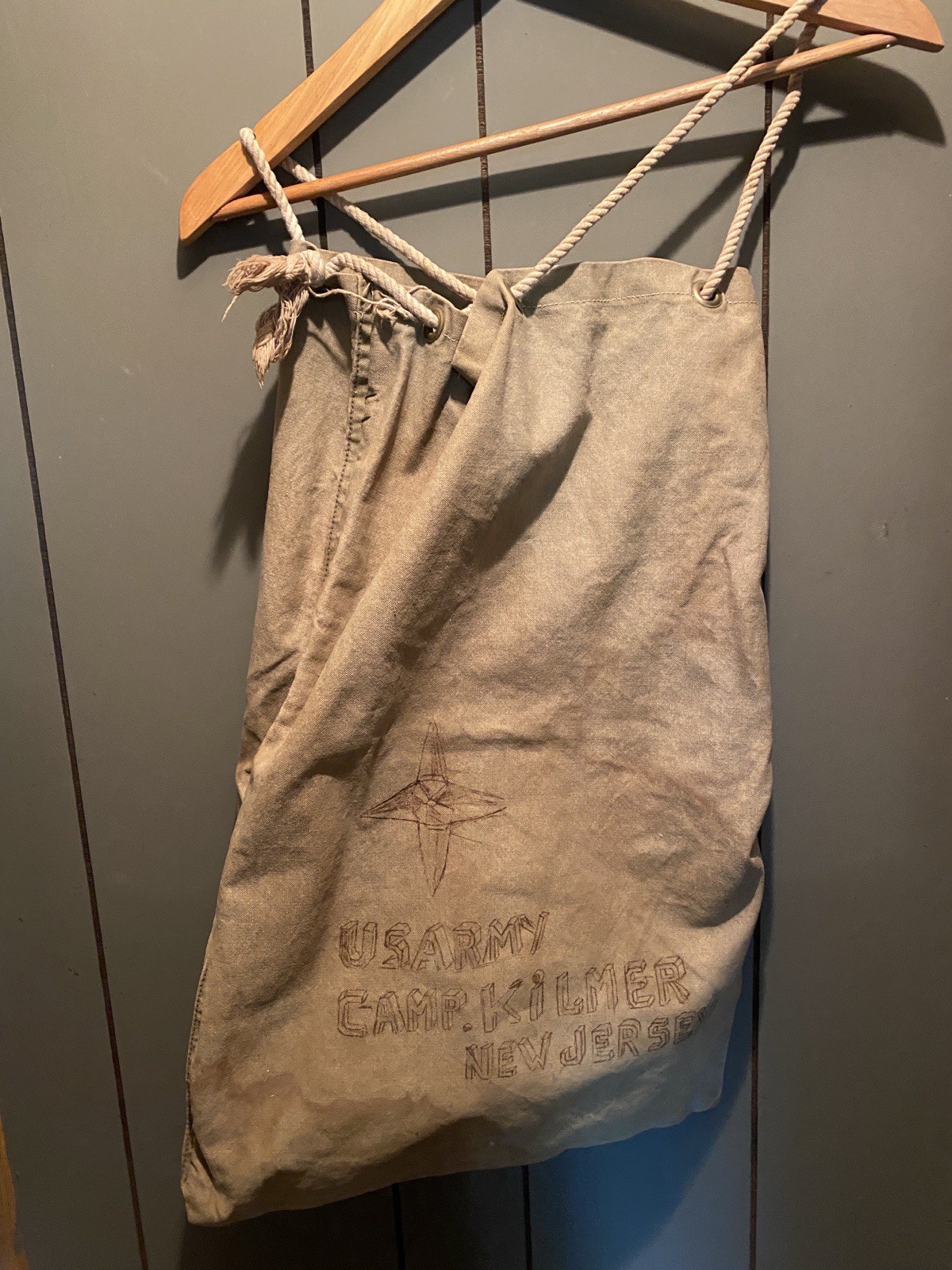 Army Drawstring Canvas Bag 15 X 22” By Hand - US Army Kamp Kilmer New Jersey