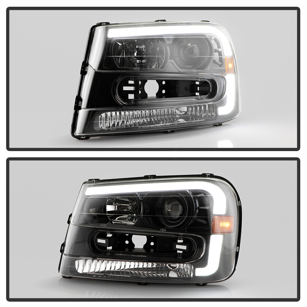 2002-2009 Chevy Trailblazer Black LED Tube Projector Headlights Pair Left+Right