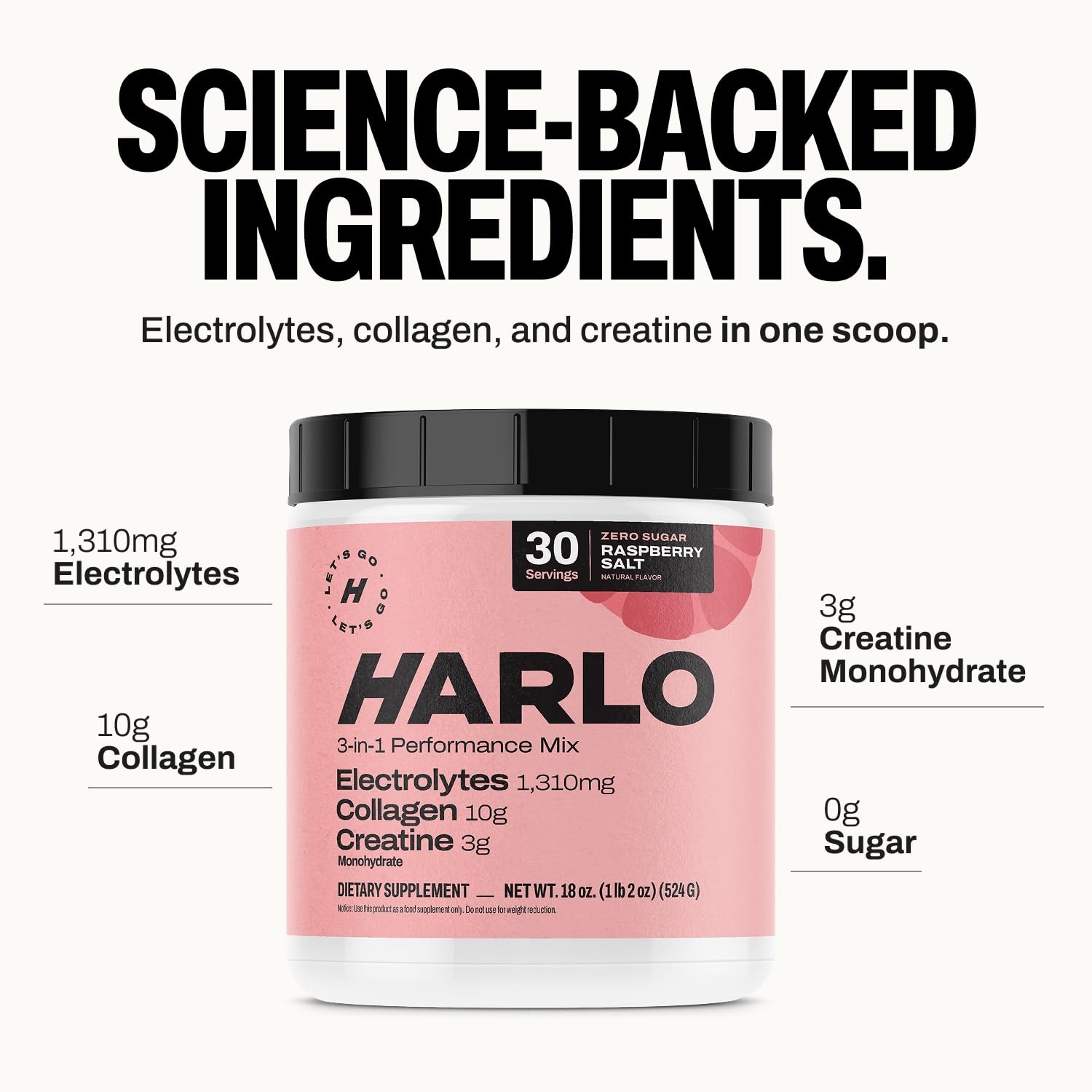 Harlo 3-in-1 Electrolytes Powder Collagen Creatine Raspberry 30 Serv BB 7/26
