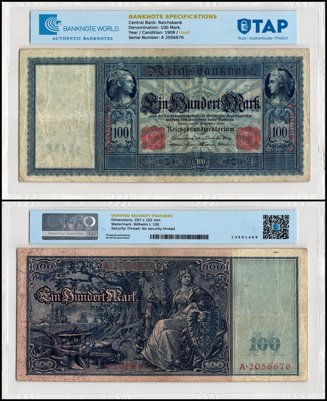 Germany 100 Mark, 1909, P-38, Used, TAP Authenticated