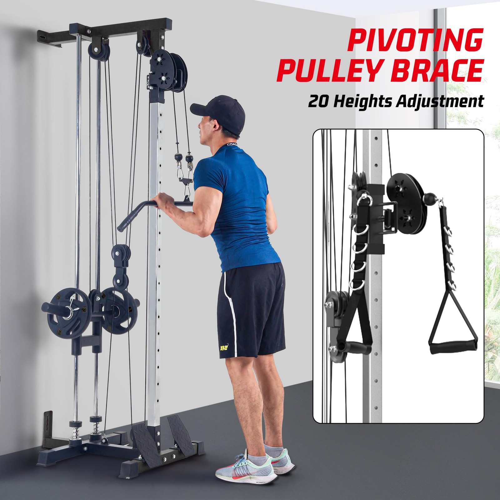 Dual Pulley Cable Machine 20-Position Wall Mount for LAT Pulldown & Row Exercise