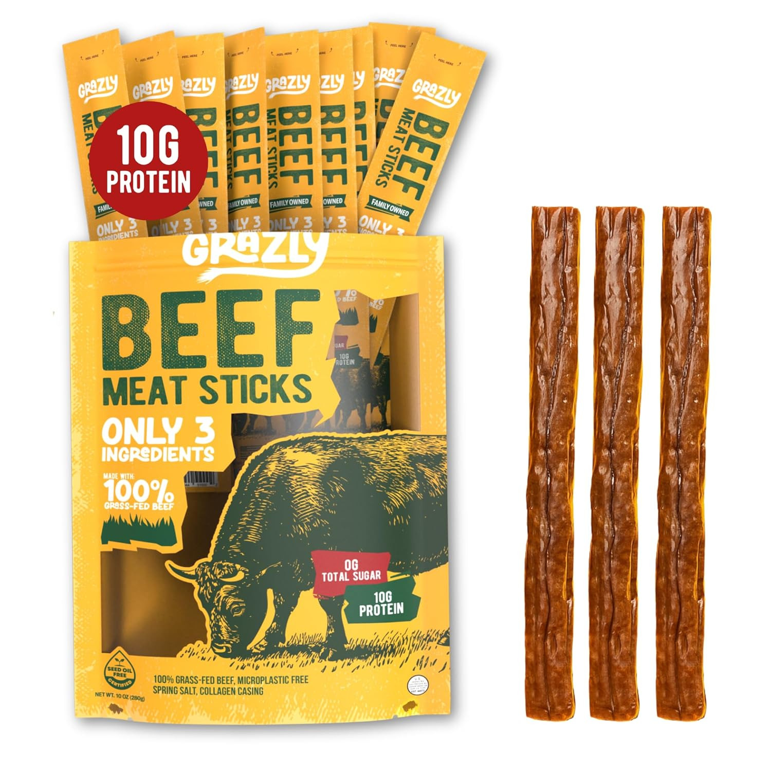 Grass-Fed Beef Sticks – Made with Only Beef, Spring Salt & Collagen Casing – Cle