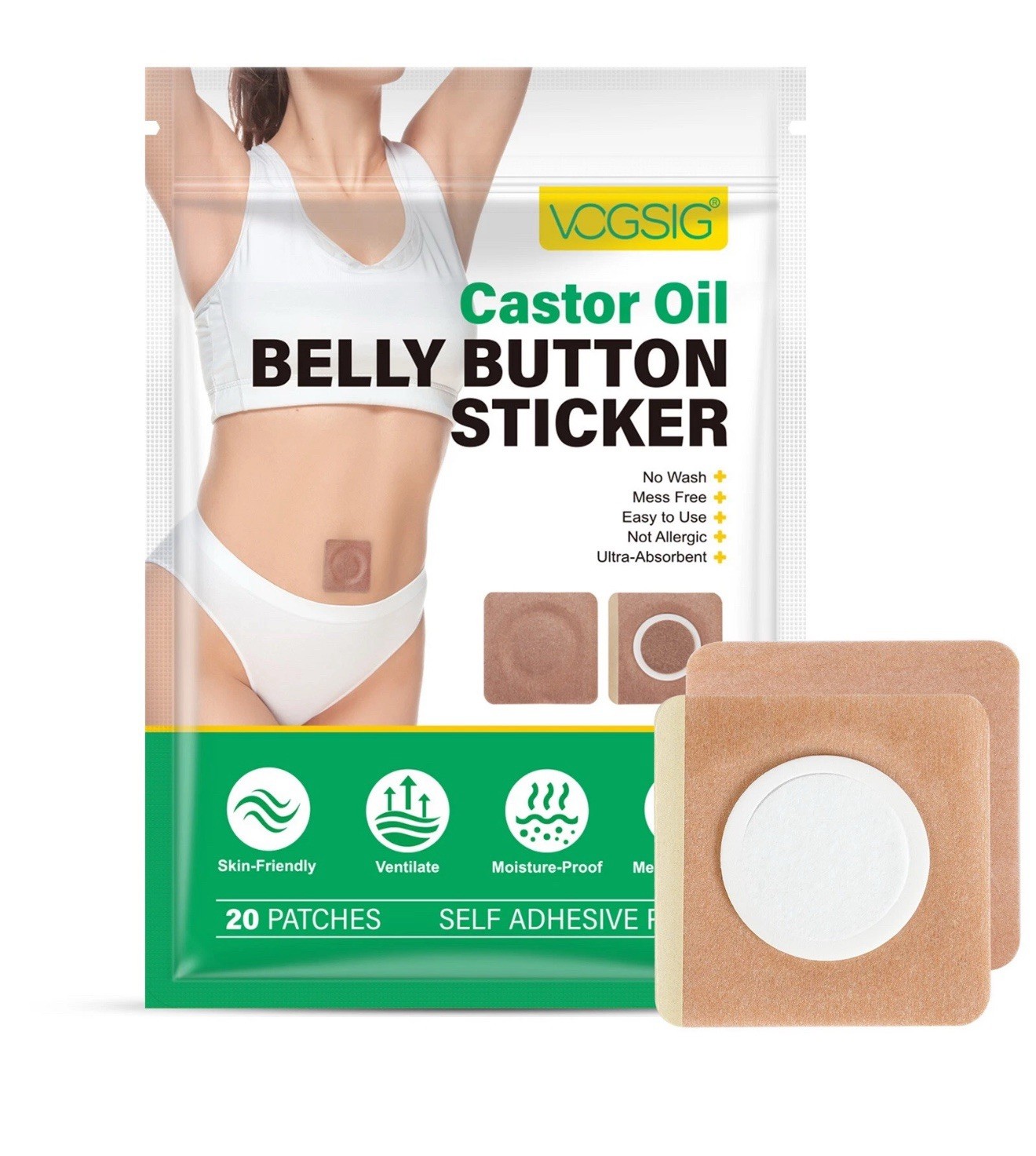 20Pcs Castor Oil Pack Wrap for Belly Button, Disposable Self-Adhesive Castor Oil