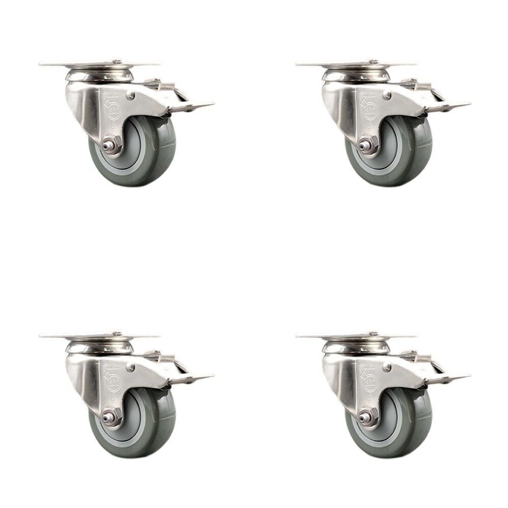 3 Inch 316SS Gray Polyurethane Swivel Top Plate Caster Set Total Lock Brake SCC
