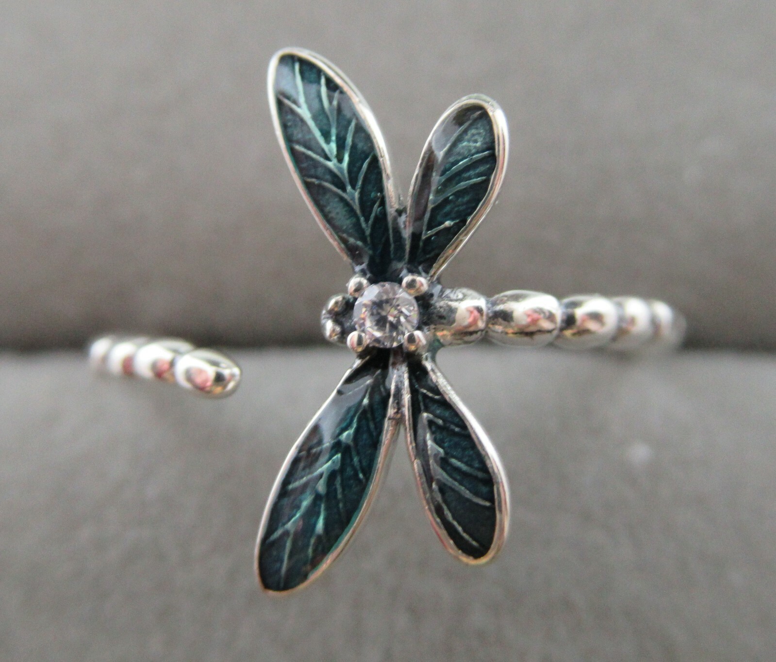 925 Sterling Silver Gorgeous Dragonfly Green Enamel Open Ring - Adjustable Ring