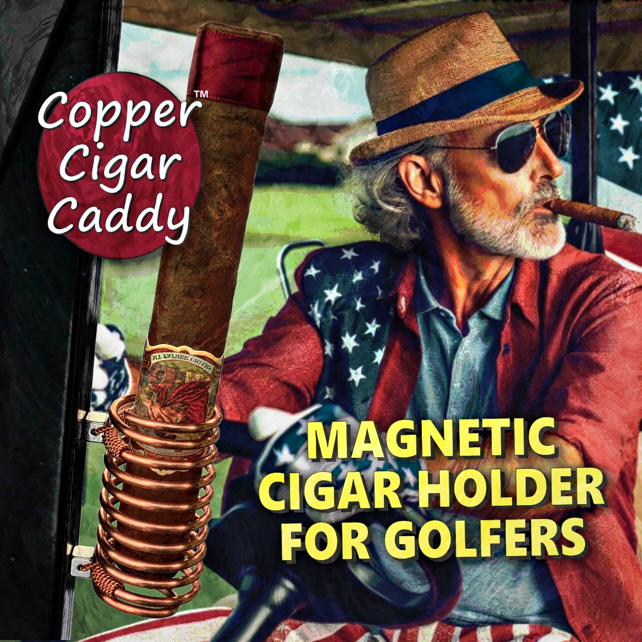 Jumbo Cigar Holder for Golf Cart - Magnetic, Solid Copper, Handmade 70 ring