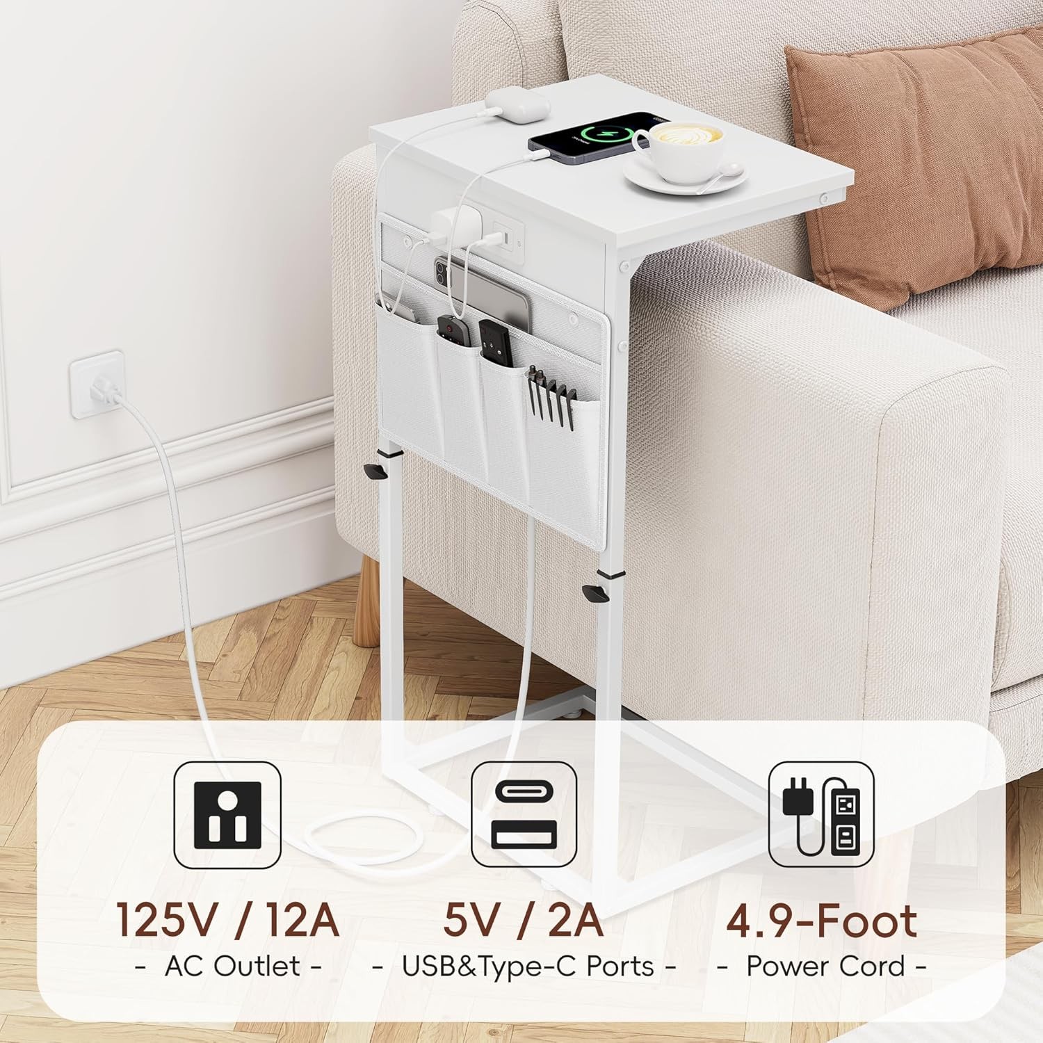 C Shaped End Table W/ Charging Station Adjustable Height Side Table Couch Sofa