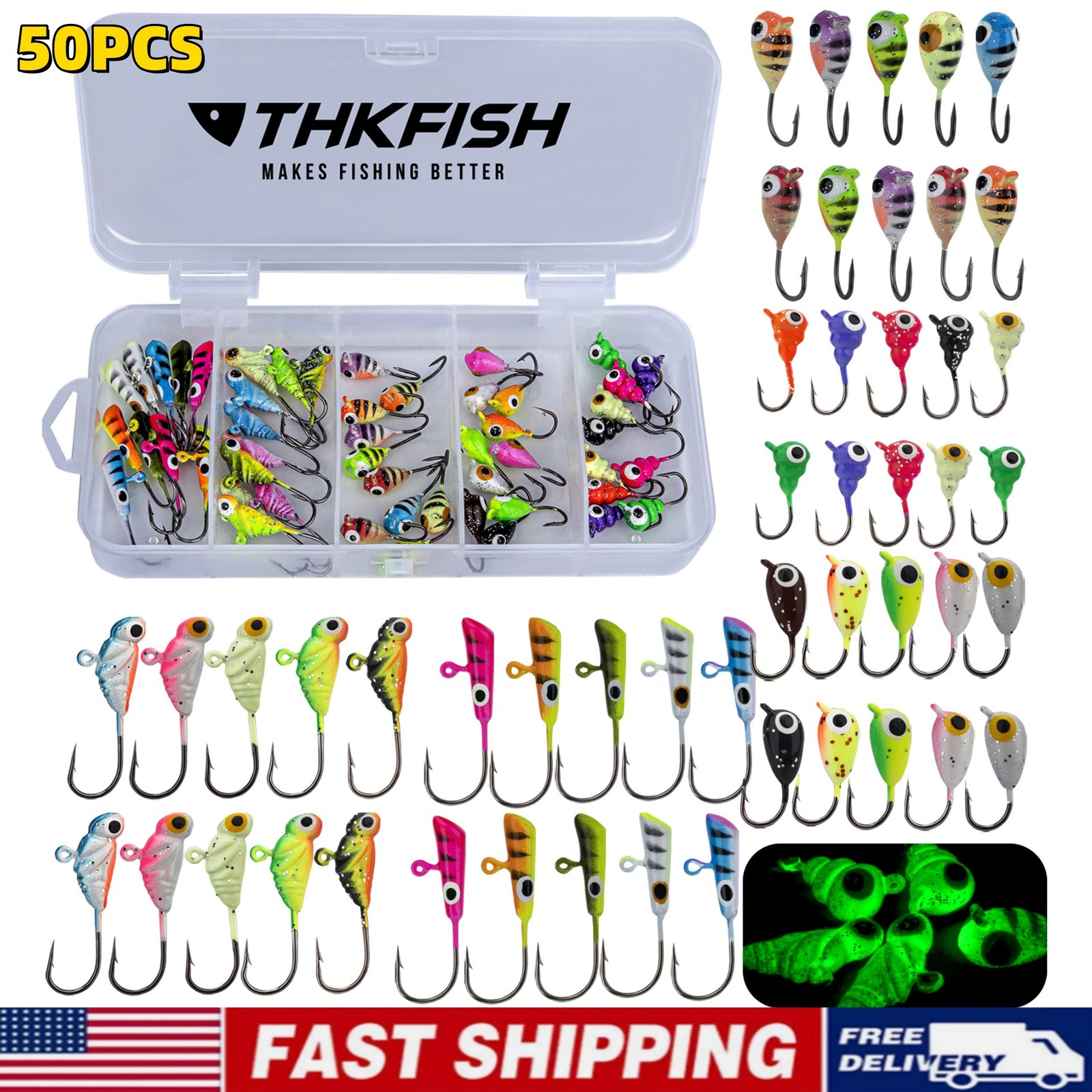 50PCS Glow Ice Fishing Jigs Set Winter Ice Fishing Lures Hooks Bait Gear Tackle