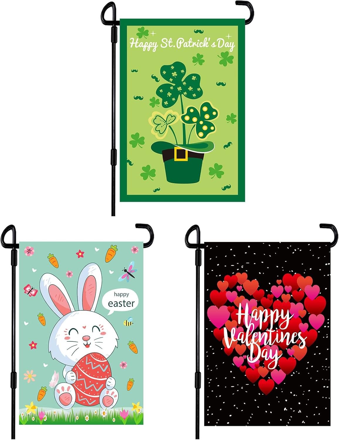 3 Pack Holiday Garden Flags 12x18 Double Sided Burlap Valentine St Patrick Easte