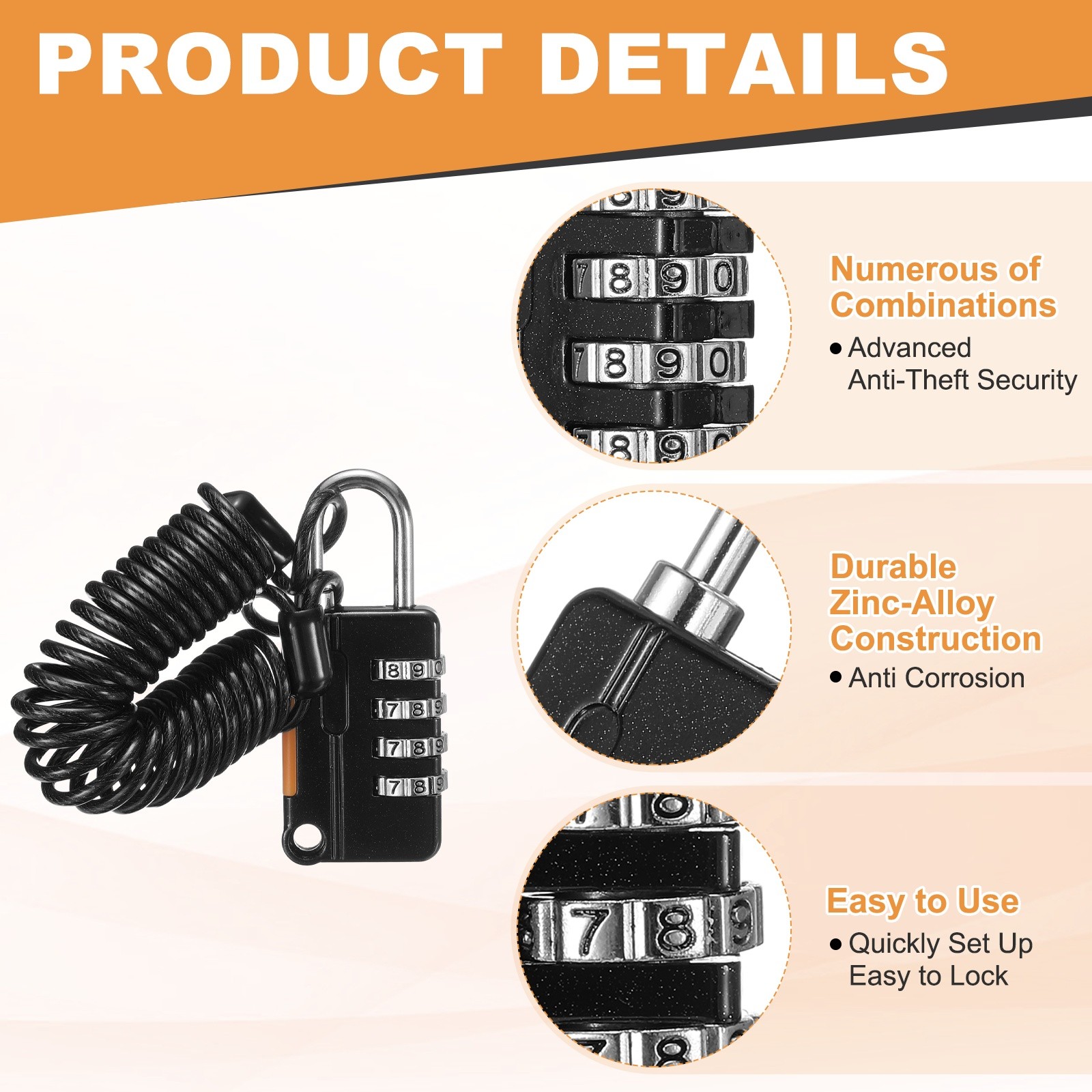 Luggage Lock, 4 Digit Combination Padlock with Flexible Black Cable (130cm)