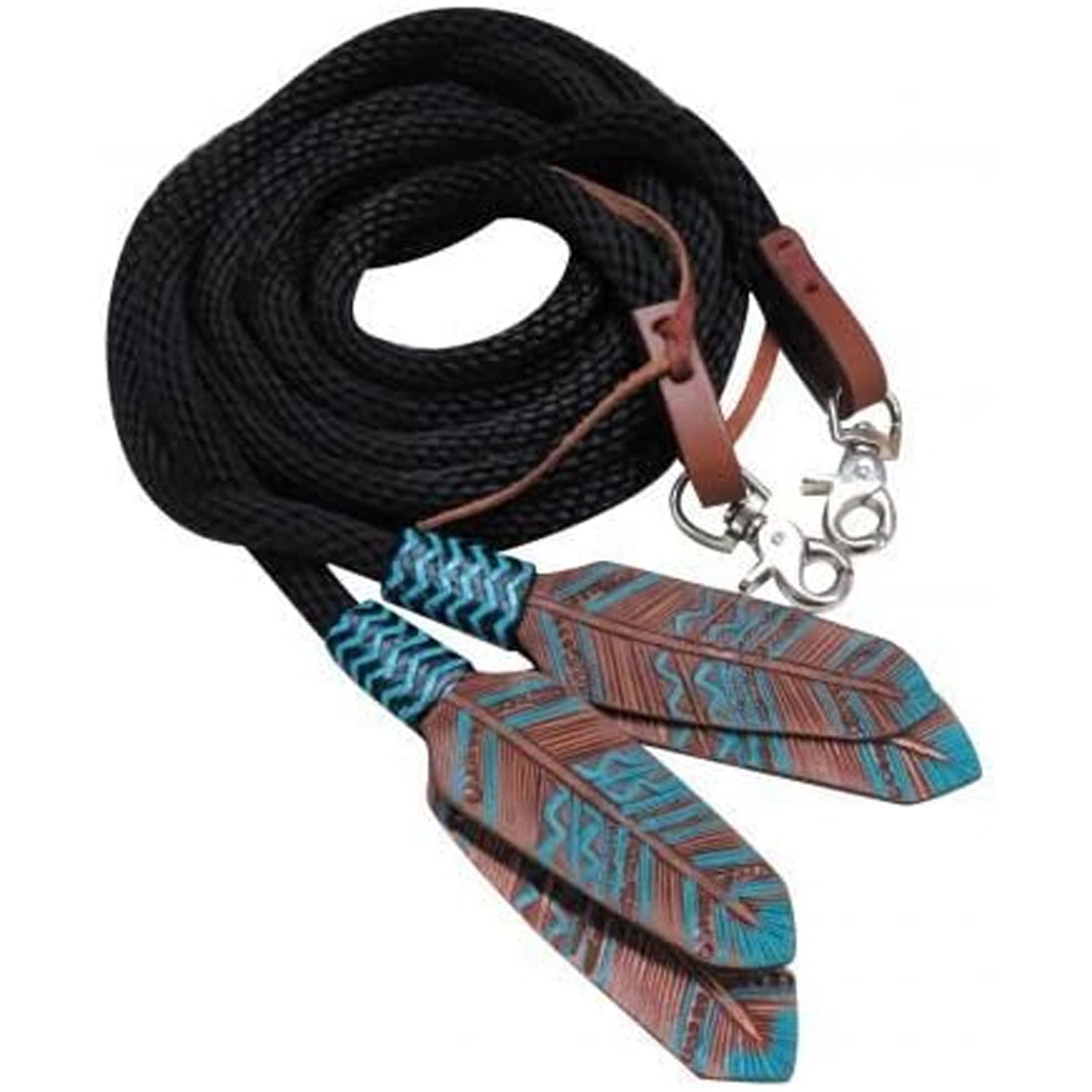SHOWMAN 8ft Round Braided Nylon Split Reins With Teal Painted Feather Popper