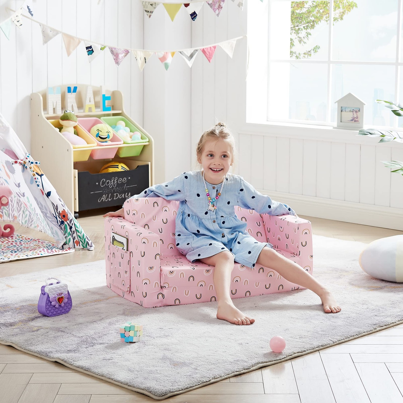 Kids Fold Out Couch 2-in-1 Children Convertible Sofa to Lounger with Soft Plu...