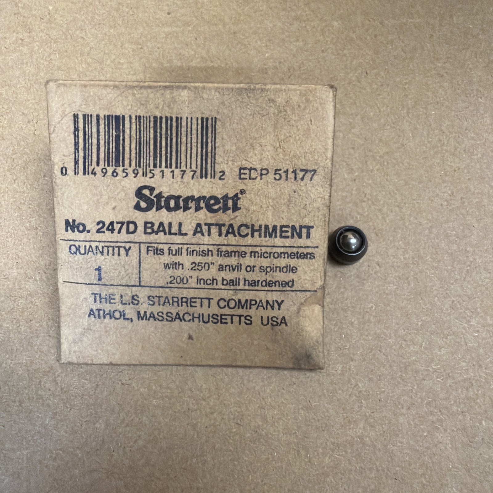 STARRETT 247D Micrometer Ball Attachment, Made in USA