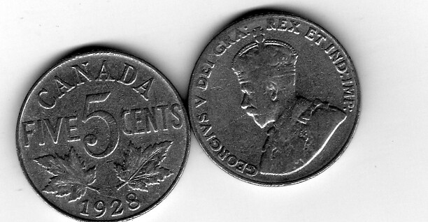 1928 Canada Five Cents Coin. George V Canadian Nickel 5 Cents