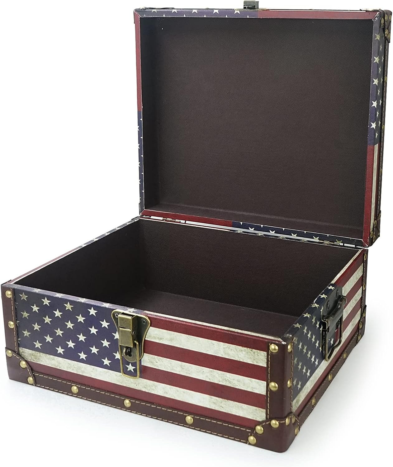Large Wooden Decorative Storage Trunk - Vintage American Flag Memory Treasure Ch